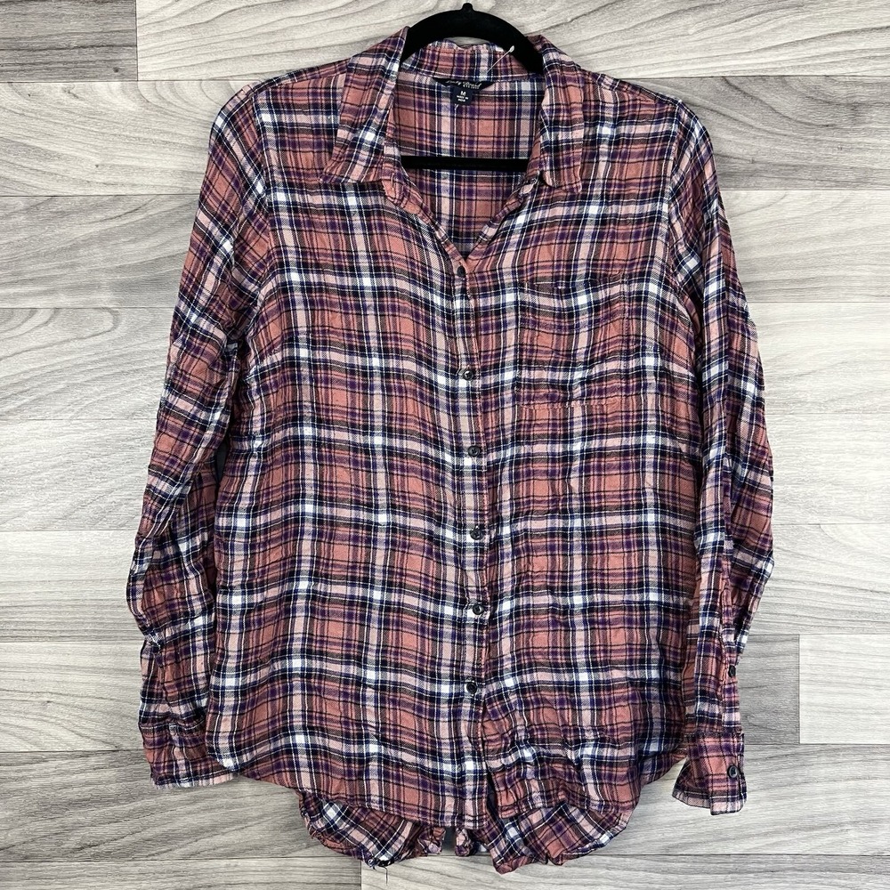 Lucky Brand Shirt Womens M Pink Button Up Top Plaid Long Sleeve Lightweight Cozy